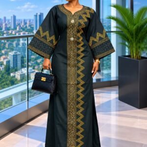 Elegant Forest green & Gold embroided African Print Kaftan Dress