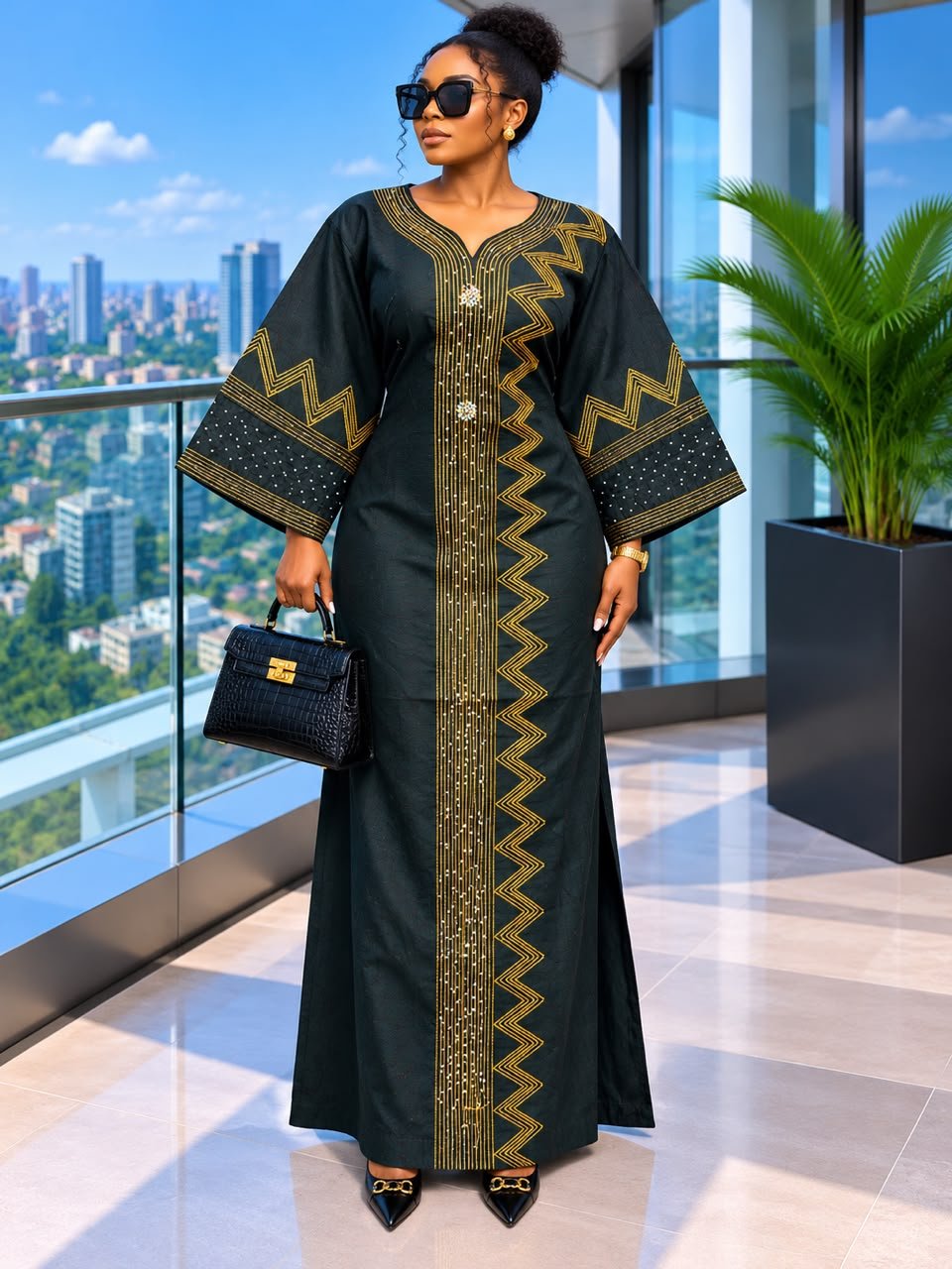 Elegant Forest green & Gold embroided African Print Kaftan Dress