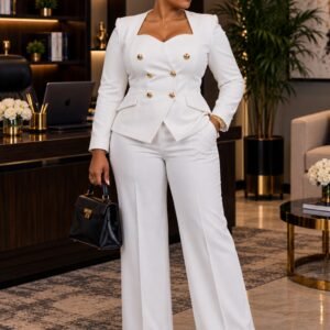 Elegant Double-Breasted White Wide-Leg Suit