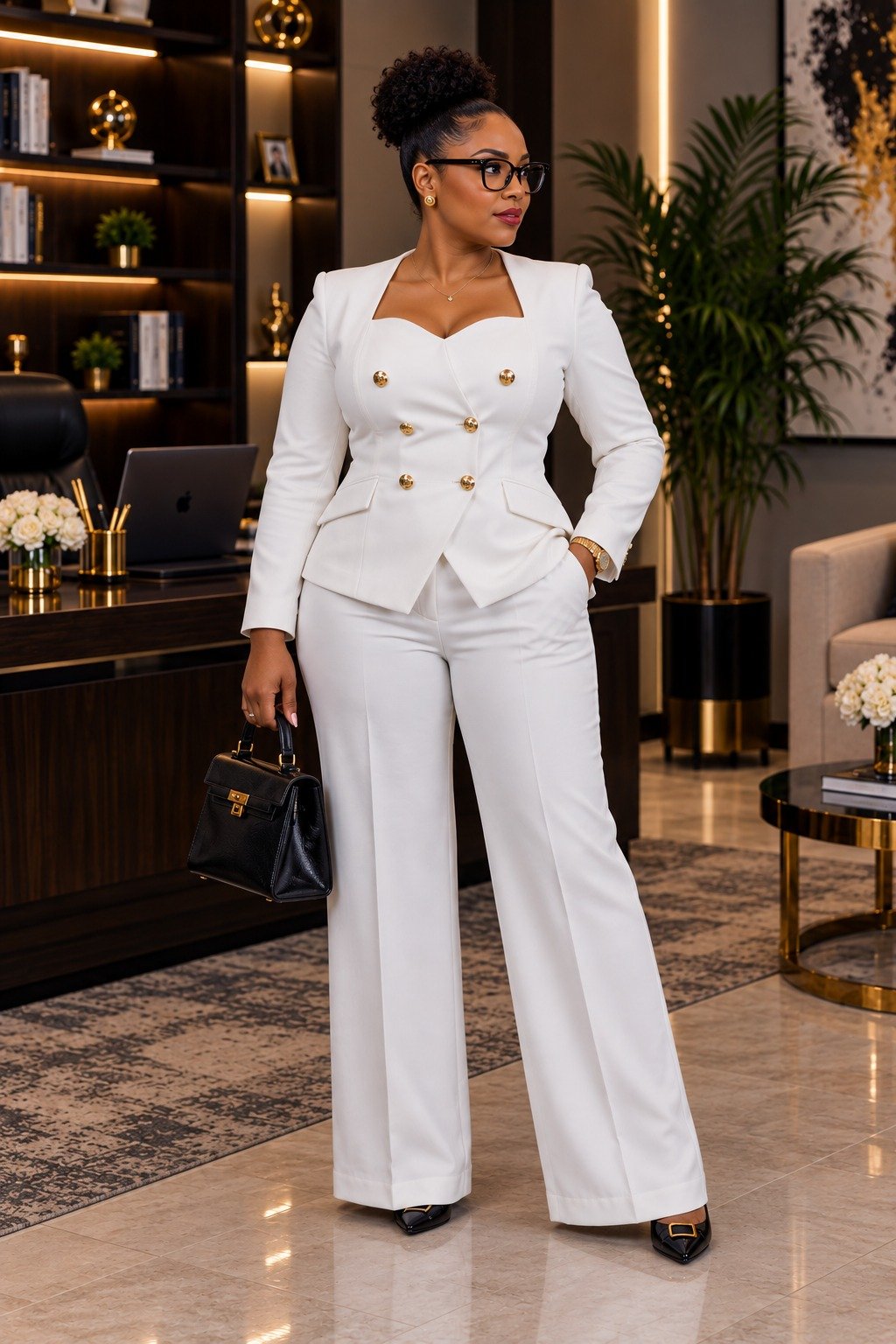 Elegant Double-Breasted White Wide-Leg Suit