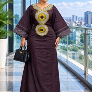 African Print Kaftan with Gold Embellished Neckline