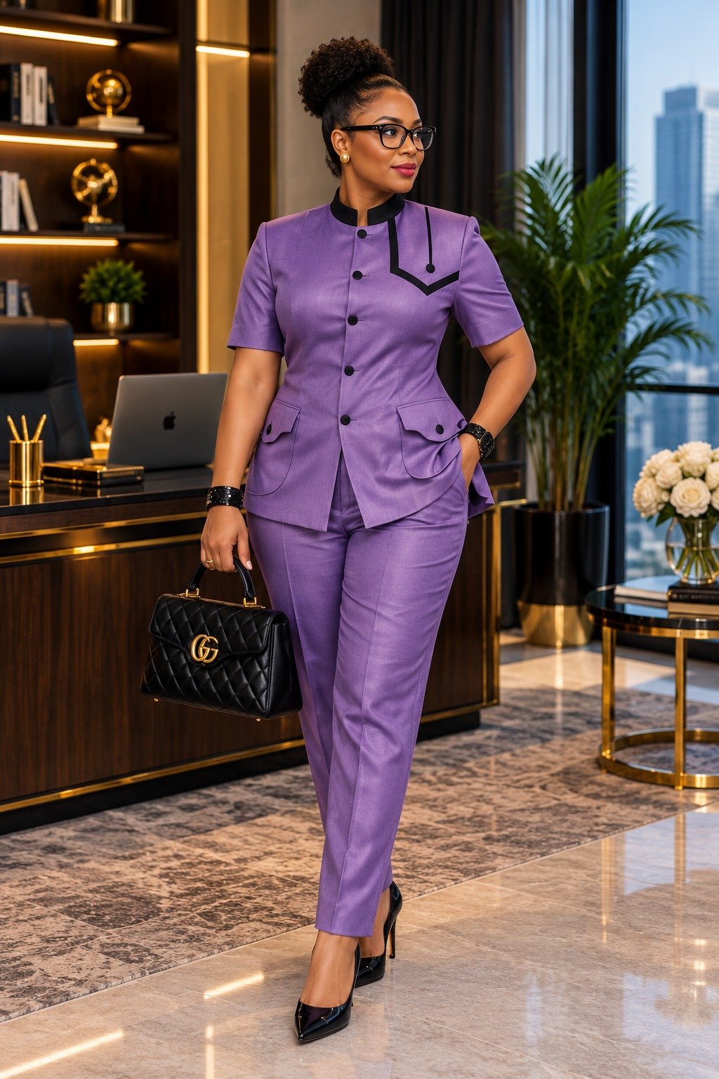 Elegant Purple Button-Front Women’s Two-Piece Suit