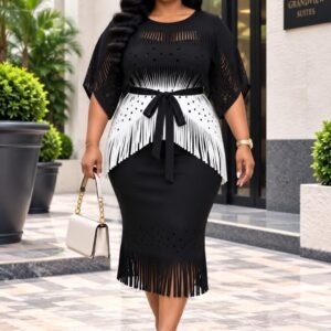 Contrast Fringe Knit Midi Dress