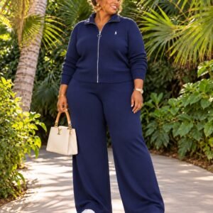 Ladies Knitted Zip-Up Wide-Leg Tracksuit Set