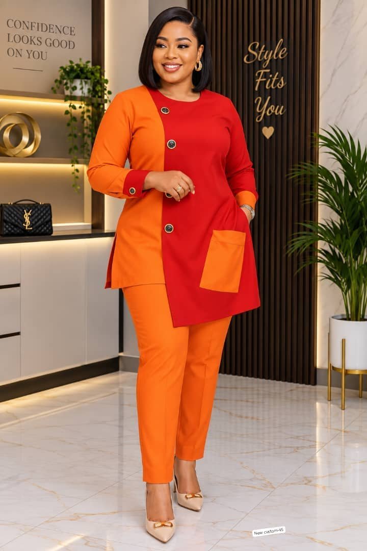 Two-Tone Button Detail Tunic & Trouser Set