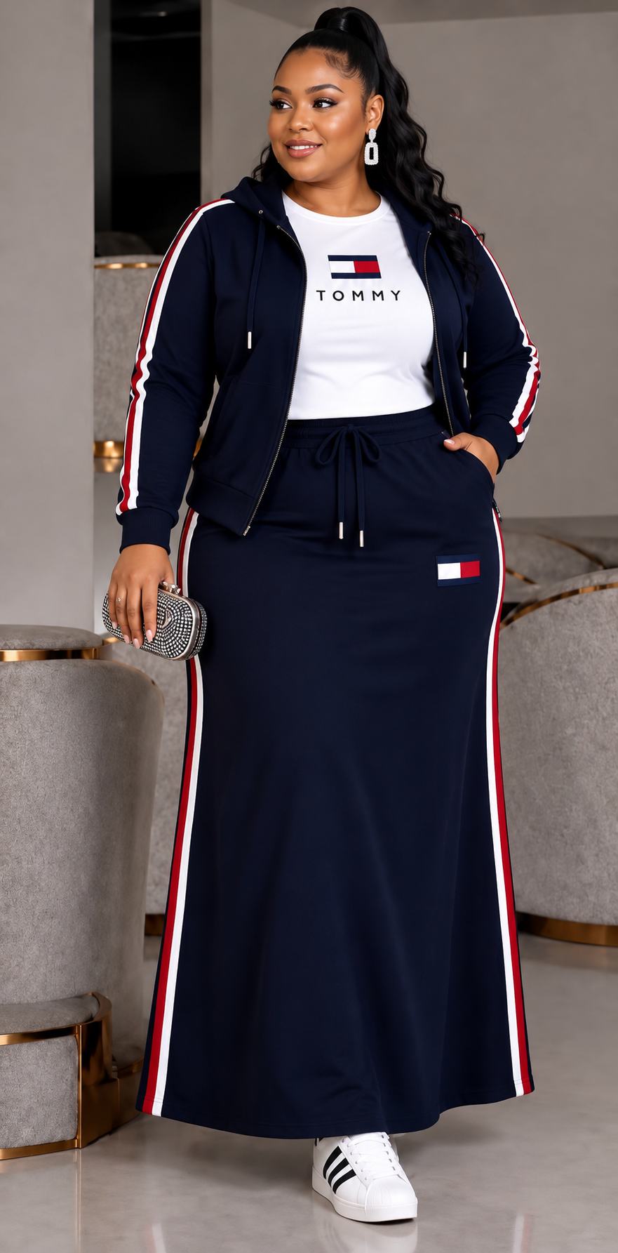 Ladies Sporty Maxi Skirt Tracksuit Set