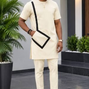Men’s Cream Contrast Panel 2-Piece Set