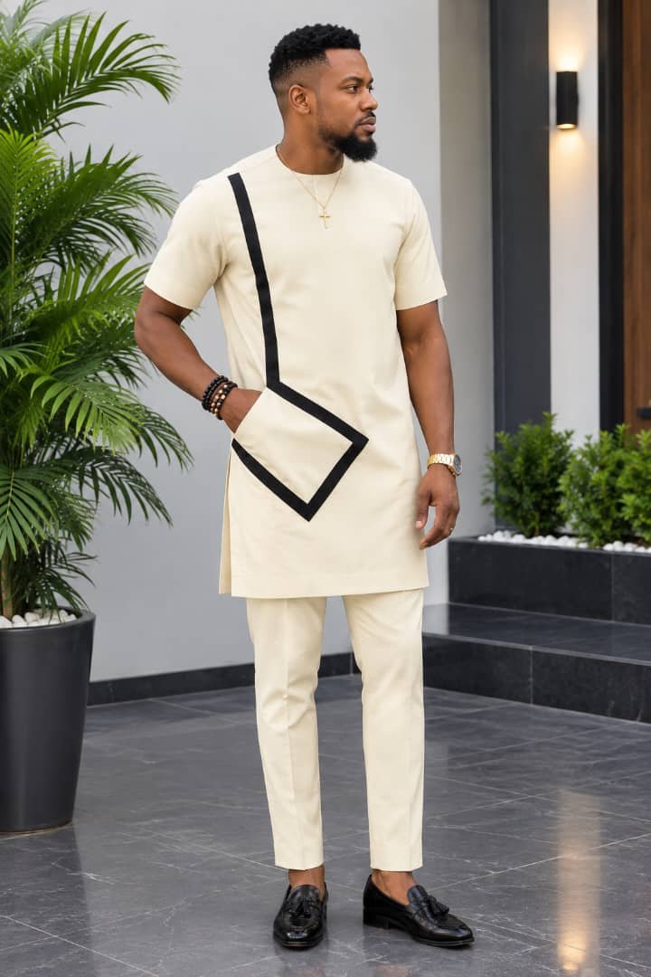 Men’s Cream Contrast Panel 2-Piece Set