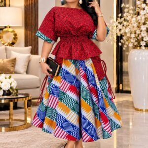 Elegant African Print Skirt & Peplum Top Set – Free Size