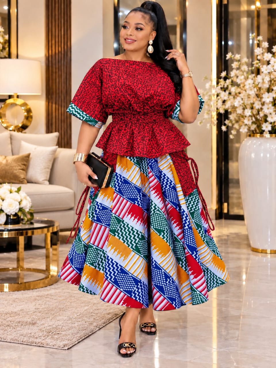 Elegant African Print Skirt & Peplum Top Set – Free Size